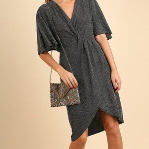 Umgee Shimmer Silver Tinsel Knot Faux Wrap Midi Party Dress SZ 1XL‎